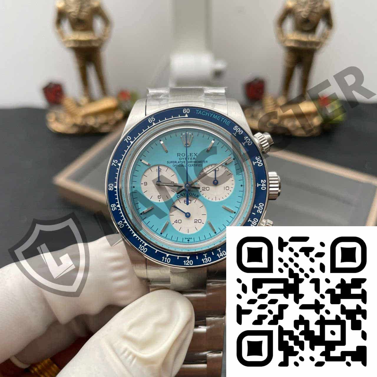 a hand wearing a gloved hand holding a watch