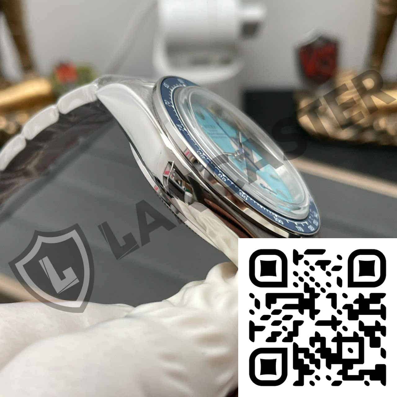 a hand wearing a gloved hand holding a watch
