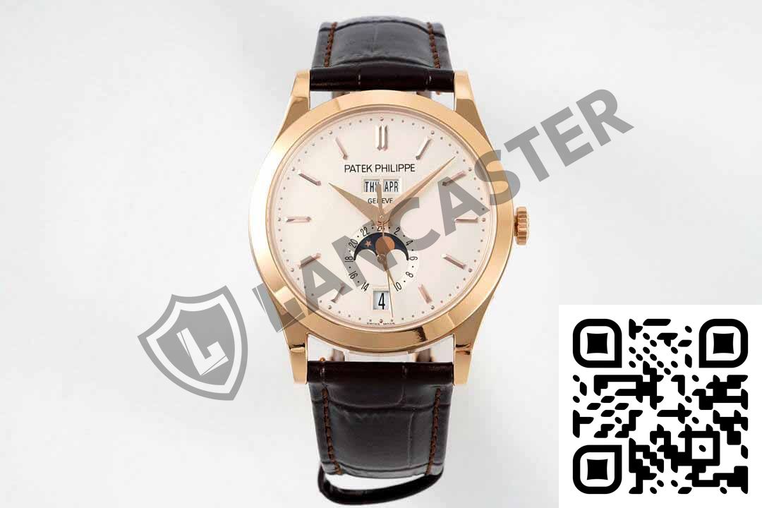 a watch with a black leather strap