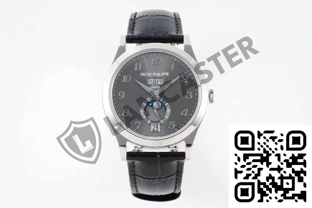 a watch with a black leather strap