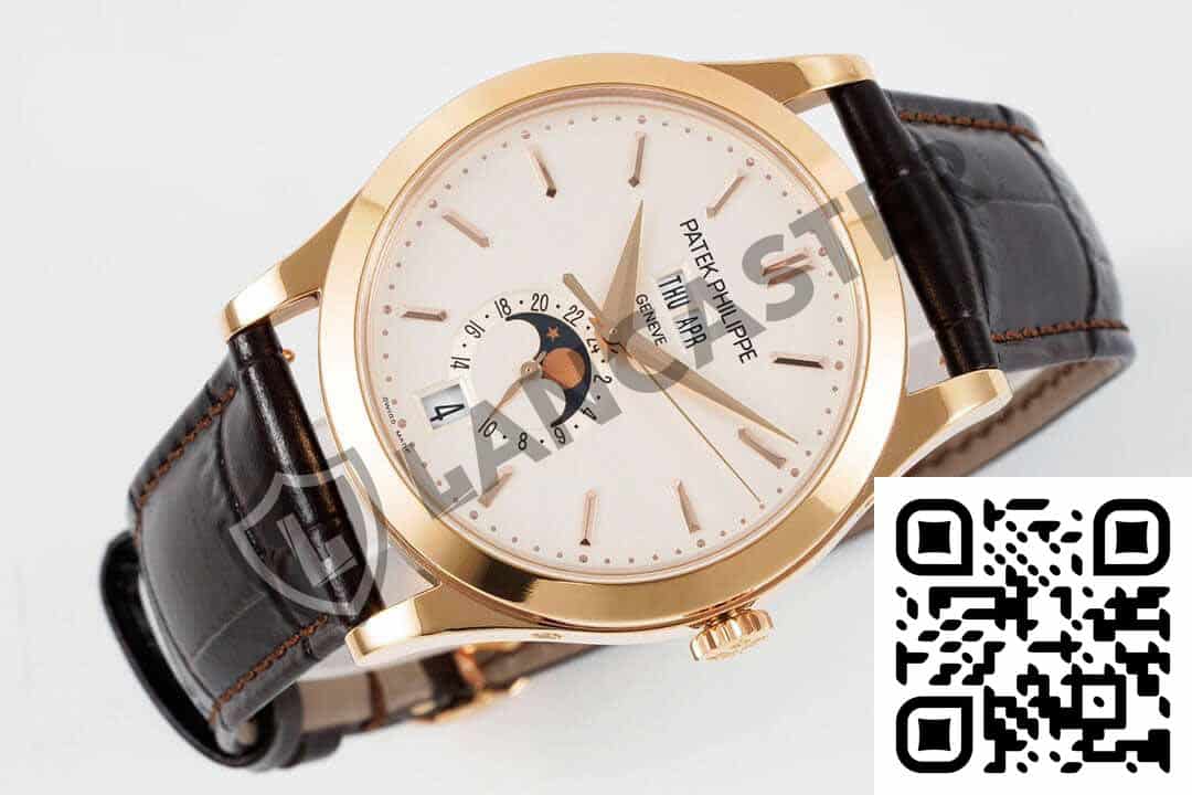 a watch with a black leather strap