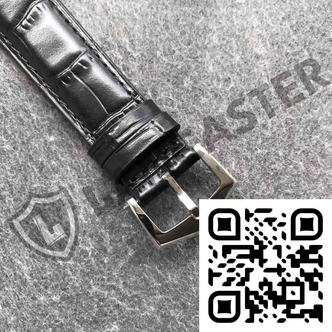 a black leather watch strap with a qr code