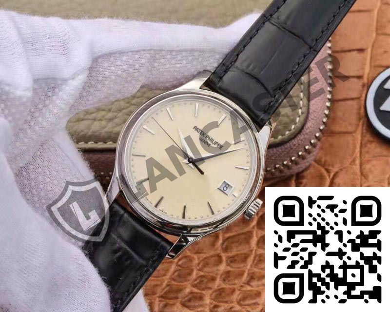 a watch with a black leather strap