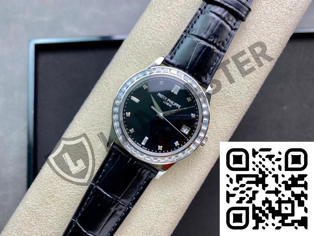 a watch with a black leather strap