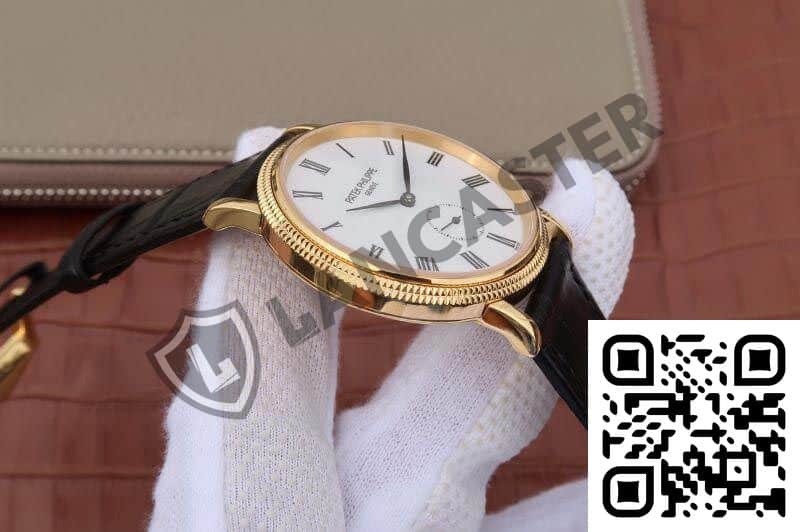 a watch with a black leather strap