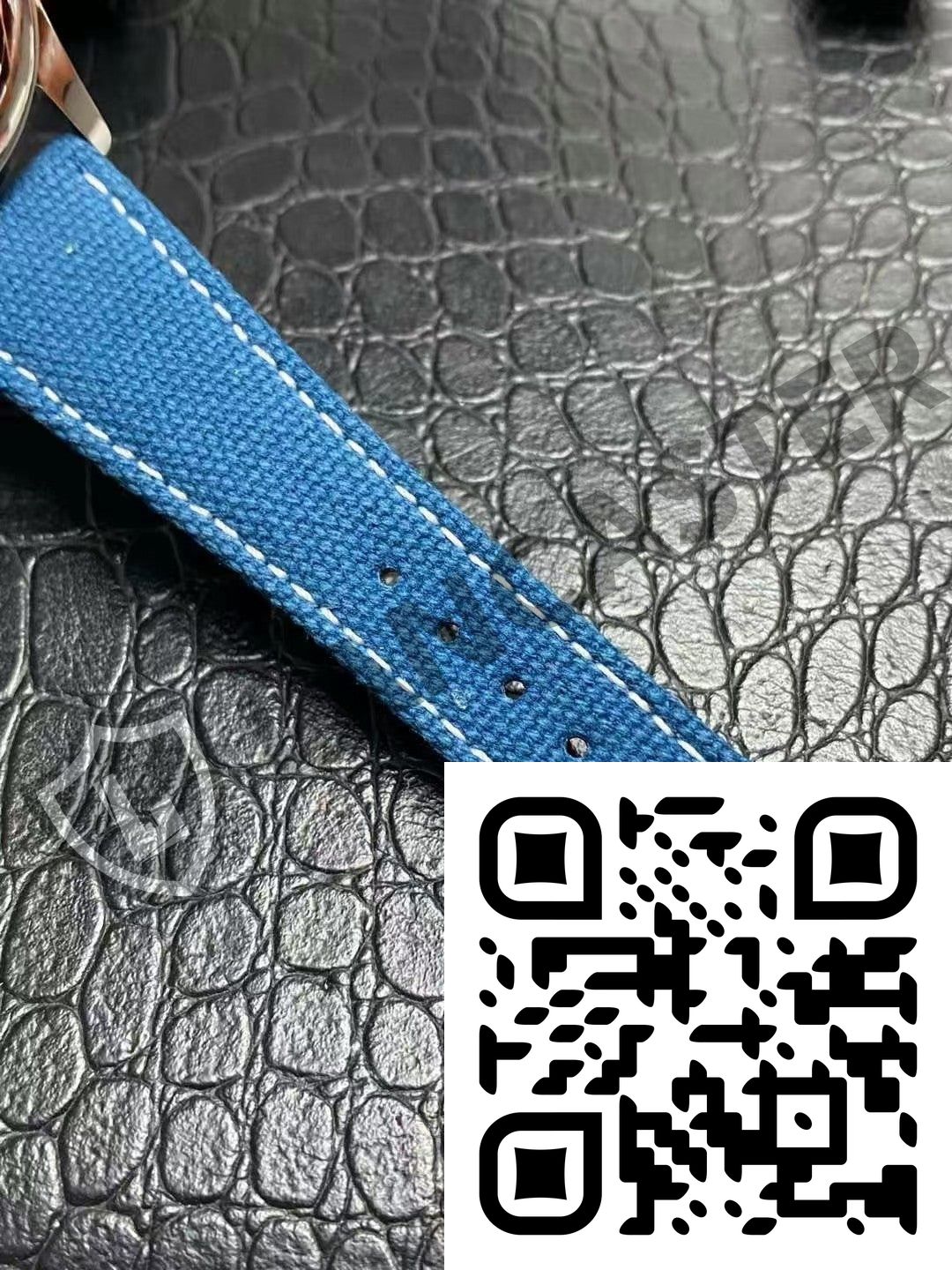 a qr code on a blue strap